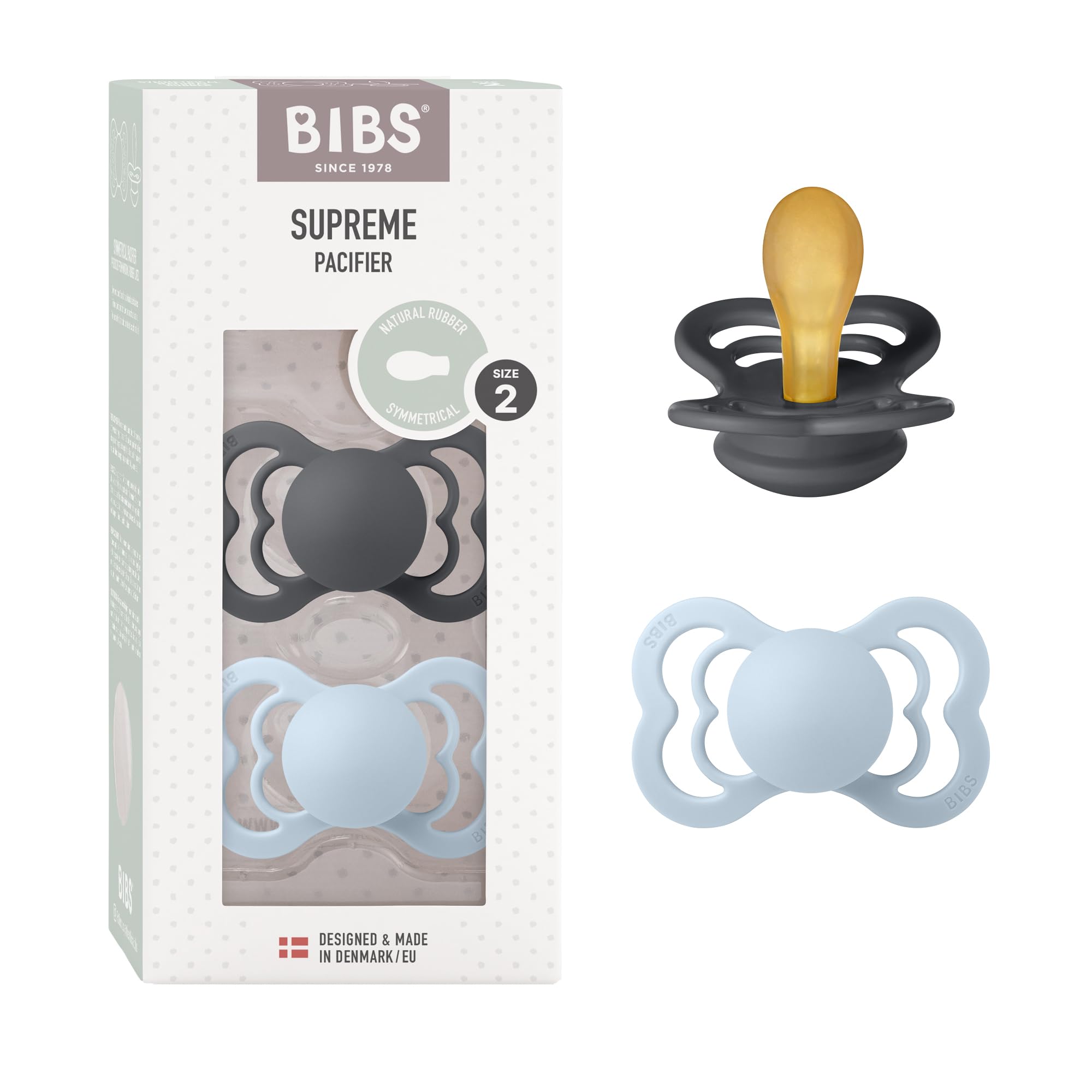 Photo 1 of BIBS Pacifiers - Supreme Collection | BPA-Free Symmetrical Nipple | Natural Rubber Latex | Made in Denmark | Set of 2 Iron/Baby Blue Color Premium Soothers | Size 6-18 Months