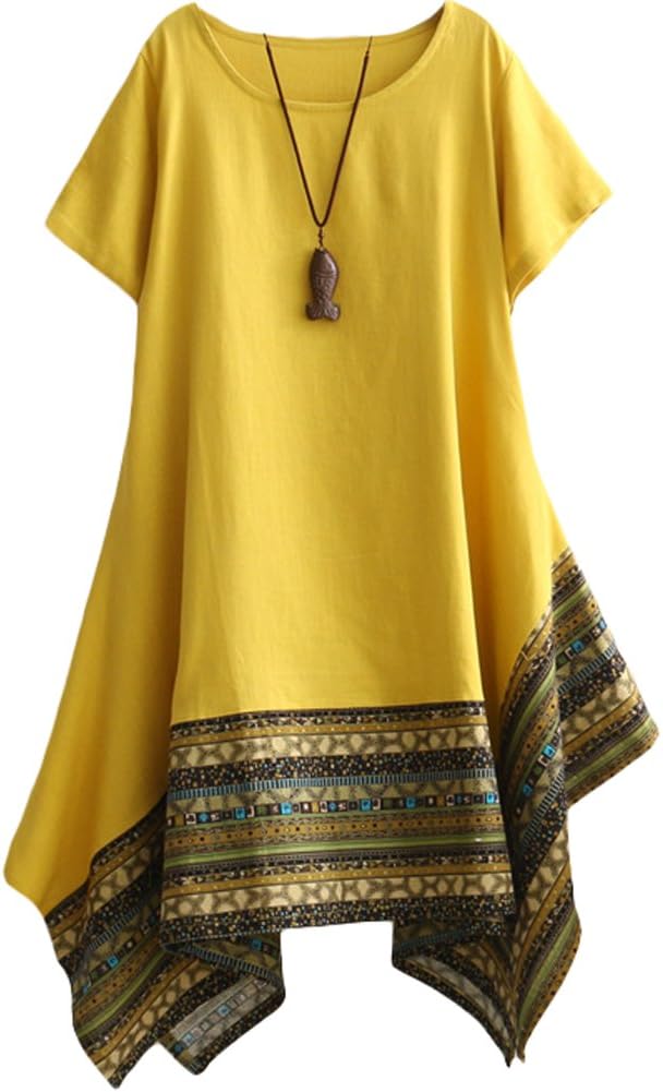 VogstyleWomen's Summer Cotton Linen Short Sleeve Tee Shirt Dress Irregular Hem Tunic