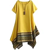 Minibee Women's Ethnic Cotton Linen Short/Long Sleeves Irregular Dress