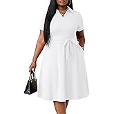 FANDEE Plus Size Dresses, Women Summer Casual V Neck Short Sleeve A-Line Cocktail Shirt Midi Dress with Belt and Pockets