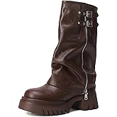 MAVMAX Mid Calf Boots for Women Fold Over Zipper Buckle Riding Boot Brown Wide Calf Platform Round Toe Chunky Low Heel Tall Boot Cowboy Biker Motorcycle Boots