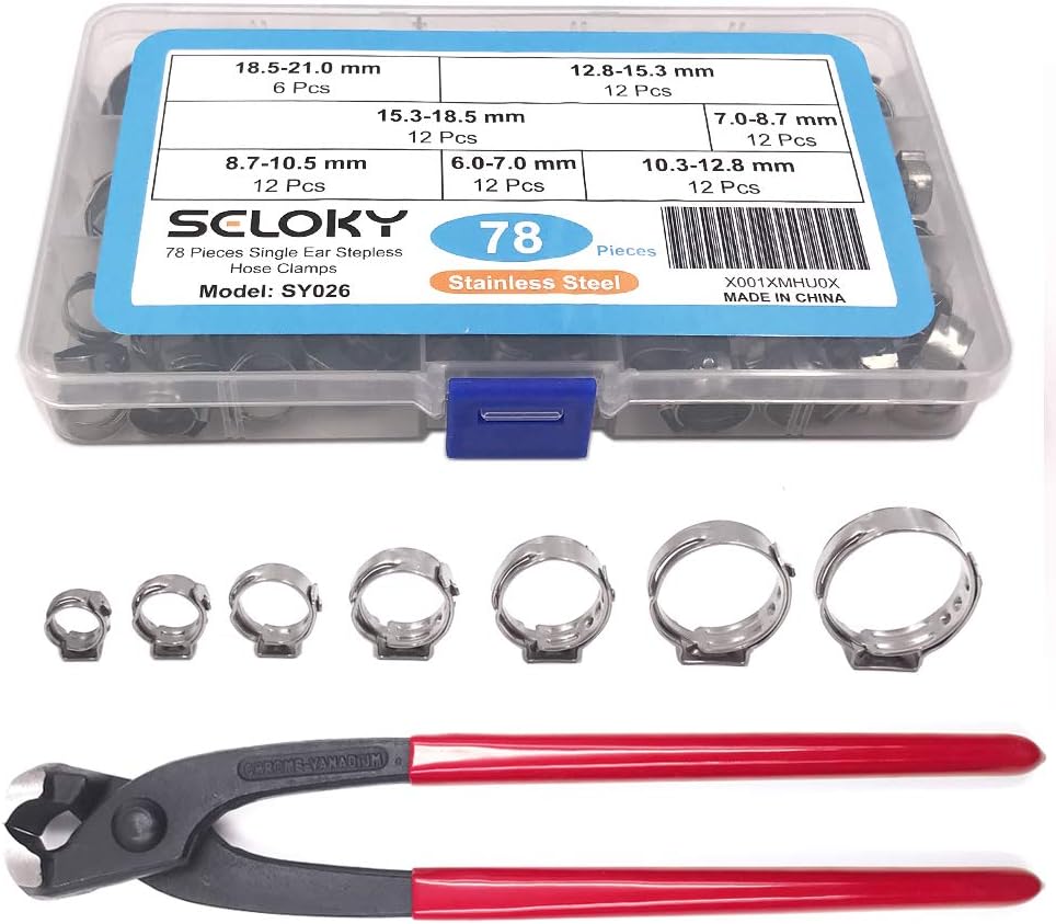 Seloky 78Pcs 7-21mm 304 Stainless Steel Cinch Clamp Rings, Single Ear Stepless Hose Clamps Assortment Kit with Ear Clamp Crimper Pliers