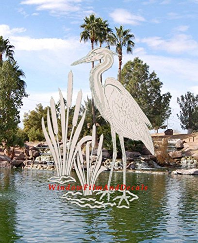 Egret & Cattails Right Oval Etched Window Decal Vinyl Glass Cling - 15" x 23" - Clear with White Design Elements