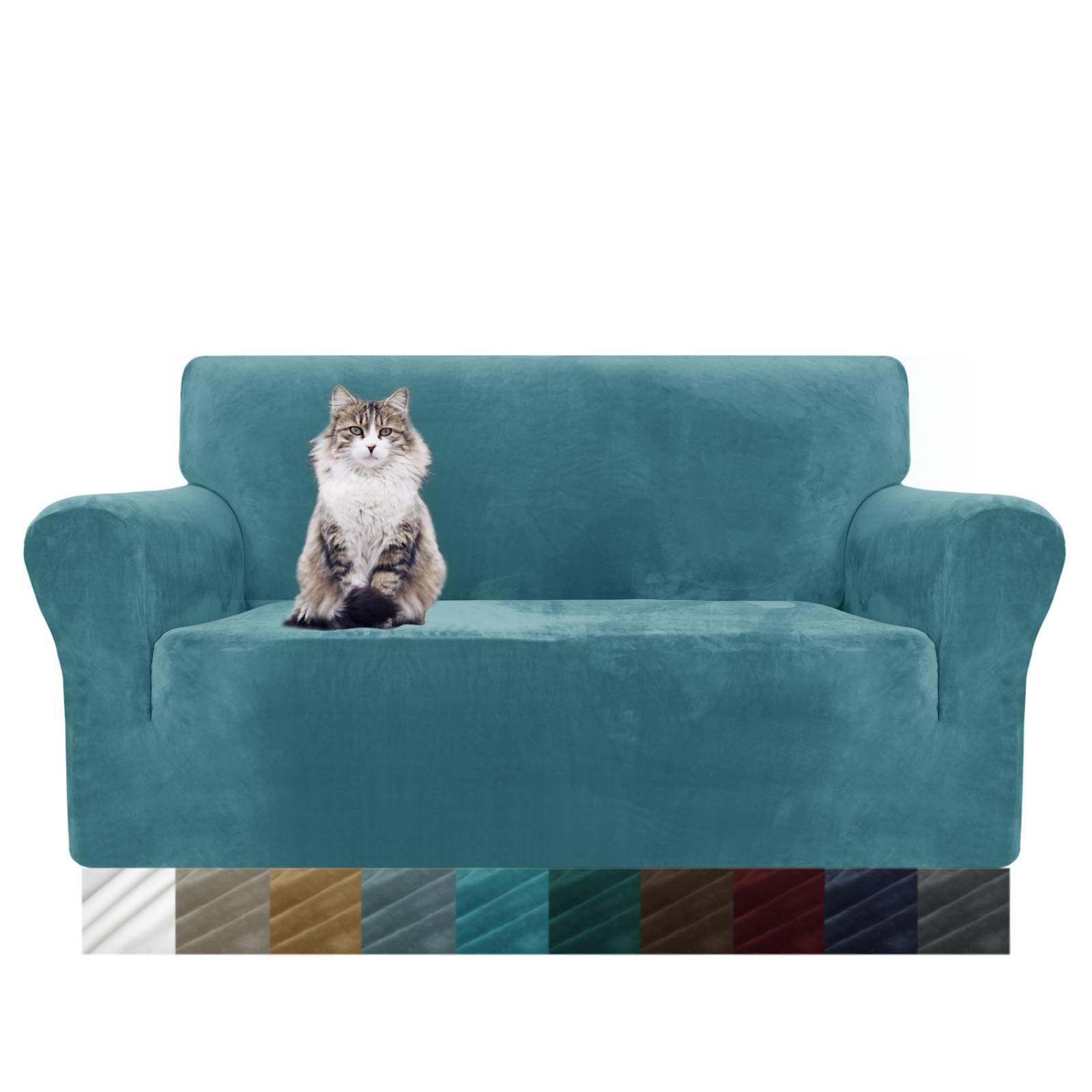 MAXIJIN Thick Velvet Sofa Covers 2 Seater Super Stretch Non Slip Loveseat Covers for Living Room Dogs Cat Pet Plush Love Seat Couch Slipcovers Elastic Furniture Protector (2 Seater, Peacock Blue)