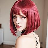 EINAEY Short Bob Wig, 14 Inch Straight Bob Wig with Flat Bangs Synthetic Hair for Women Natural Looking Colorful Bob Wig for Daily Party Use (Red)
