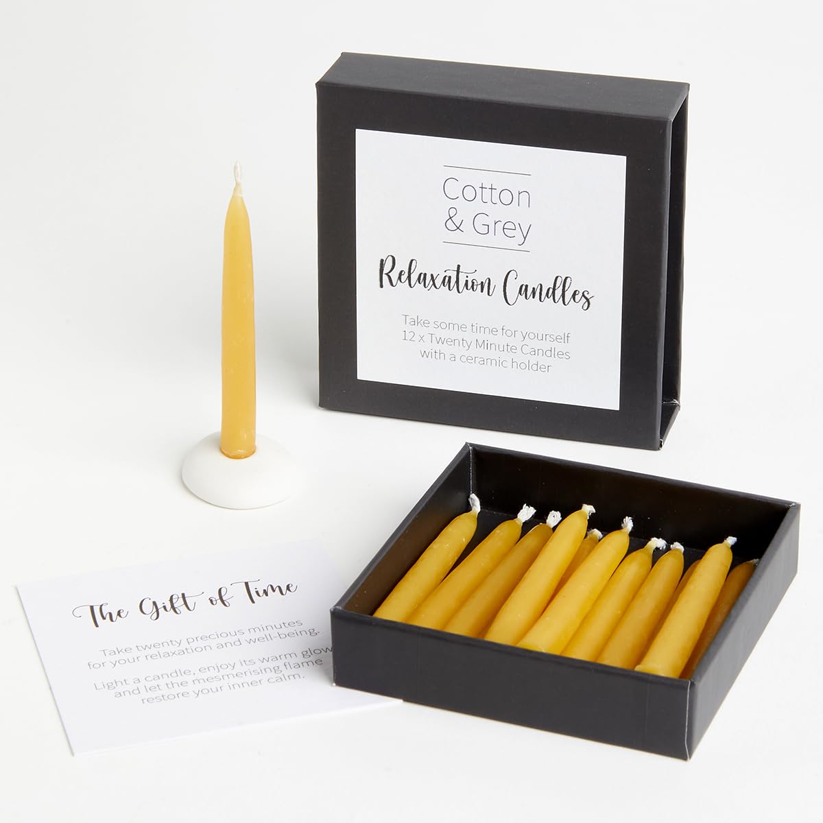 Cotton & Grey Relaxation Candle Set – 12 Natural Beeswax Twenty Minute Candles with Ceramic Holder | Meditation, Mindfulness & Wellness Timer Candles | Eco Friendly Gift for Relaxation & Self Care