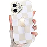 KANGHAR Compatible with iPhone 16 Case, Silicone Checkered Cute Pattern, Wristband Kickstand Camera Protection Soft Slim Cover for Girls Women -White