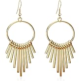 KVANU Elegant Bohemian Vintage Long Gold Tassel Dangle Drop Earrings Hypoallergenic Minimalist Hollow Round Bar Dangle Earrings for Women Jewelry Gifts