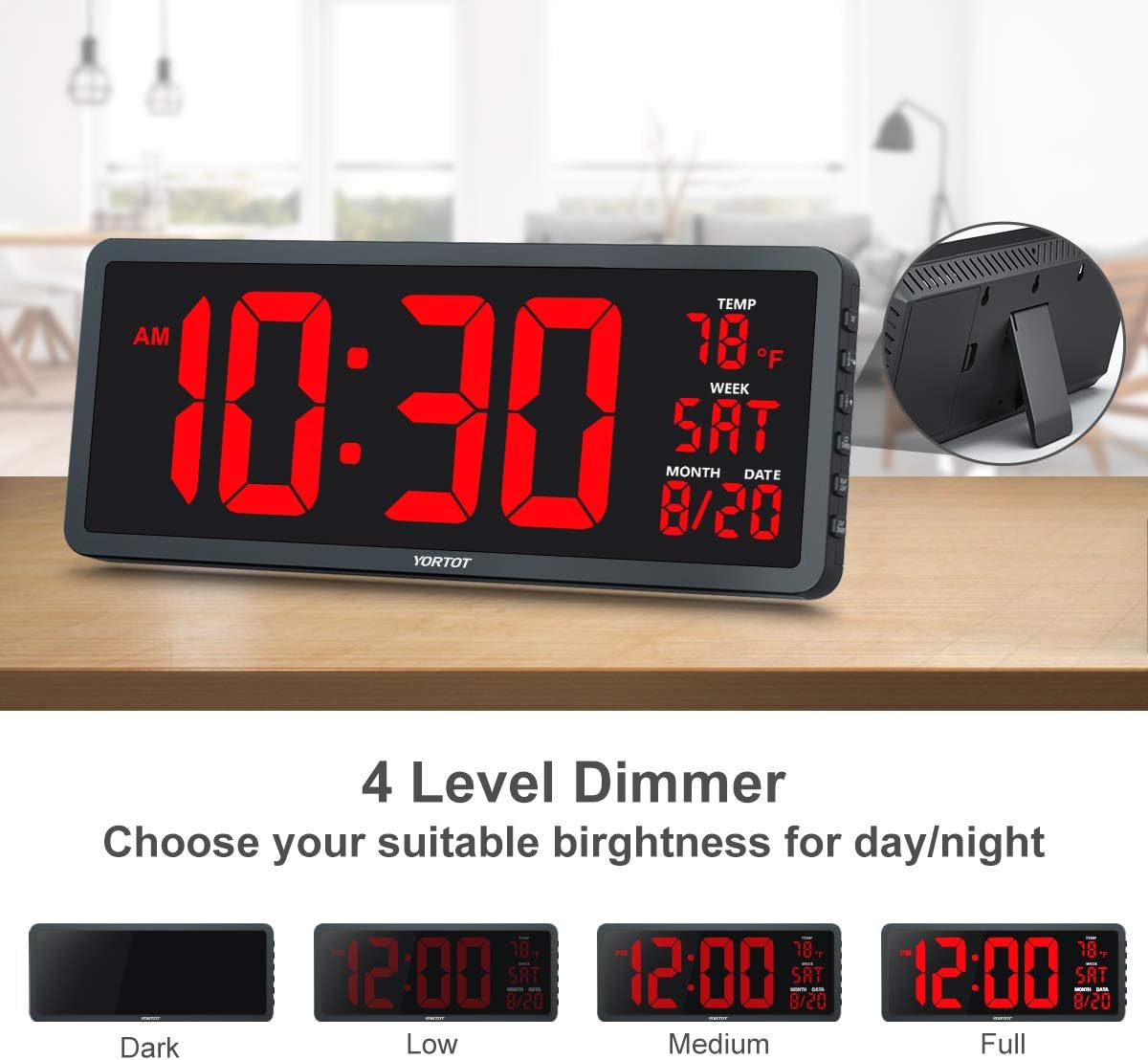 YORTOT 16” Large Digital Wall Clock with 7 Color Decor Night Light, 4 Level Brightness Dimmer, Remote Control, Big Red Number LED Display with Indoor Temperature, Date and 12/24H, DST, Fold Out Stand: Electronics
