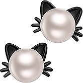 Jiahanzb Cat Pearl Stud Earrings for Women 925 Sterling Silver Freshwater Pearl 7.5MM-8MM