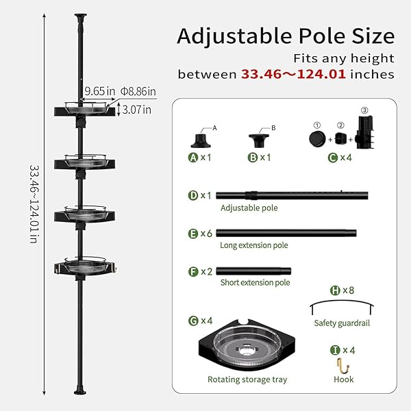 SHUANG QING 360° ROTATING CORNER SHOWER CADDY TENSION POLE ORGANIZER – 4-TIER ADJUSTABLE RUSTPROOF METAL POLE, PLASTIC SHELVES WITH SAFETY GUARDRAIL, BATHROOM STORAGE FOR SHOWER & BATHTUB(BLACK)