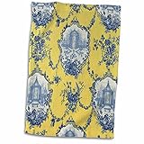 3D Rose Garden French Yellow and Blue. Popular Toile Print Hand Towel, 15