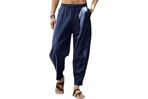 Gafeng Mens Linen Harem Pants Casual Loose Fit Beach Drawstring Elastic Waist Yoga Trousers with Pockets
