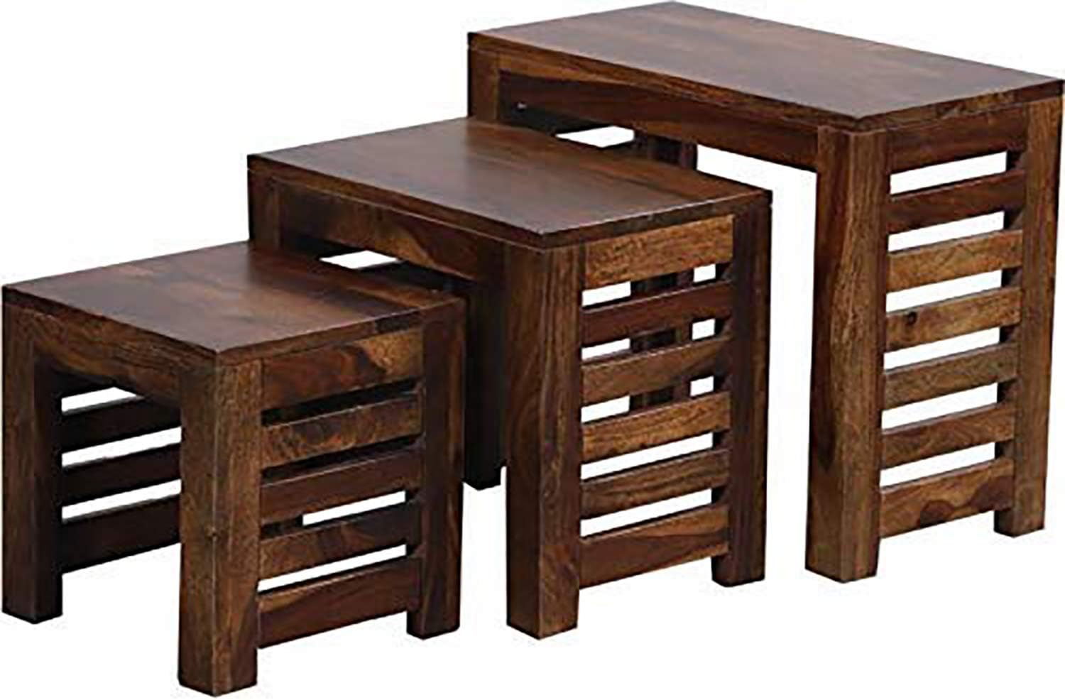 Corazzin Furniture Sheesham Wood Nesting Bedside Stools Set of 3 for Living Room Home Bedroom and Office (Walnut Finish) Sheesham Wood Stool Set of 3 Nesting Bedside Tables Wood Nesting Bedside Table