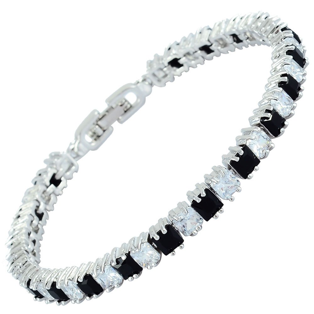 RIZILIA Ice Cubes Tennis Bracelet [18cm/7inch] with Princess Cut Gemstones CZ [Black Onyx] in 18K White Gold Plated, Simple Modern Elegance