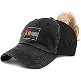 Ponytail Cap Women's Baseball Cap Embroidered Colorado Flag State Sun Hat with Ponytail Hole High Pony Hat