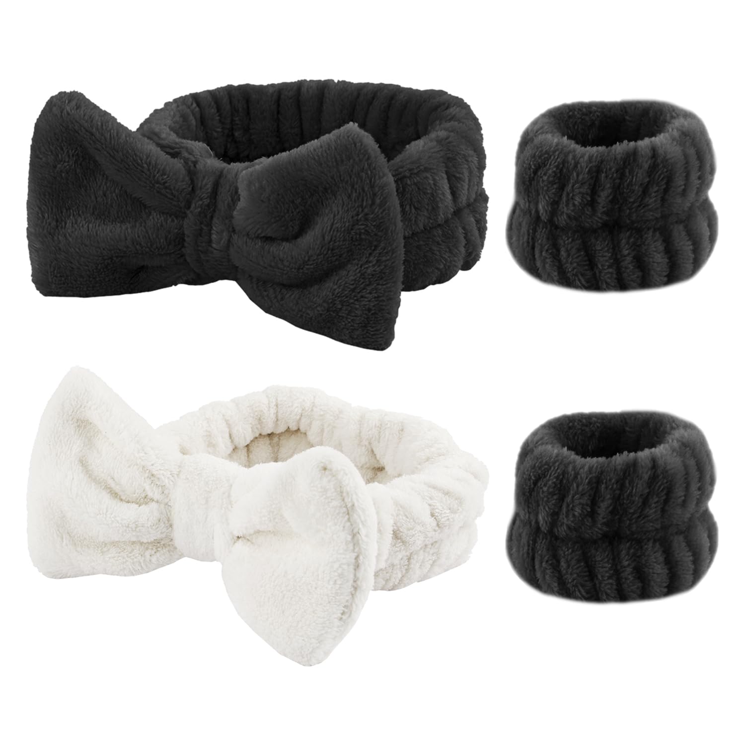 OAAO 2 Pcs Hair Ties With 2 Pcs Wrist Towels, Elastic Face Wash Headbands For Women, Ladies Girls Accessories, Adjustable Elastic Hair Ties, Can Be Used For Makeup, Shower (Black, White)