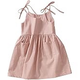 IZYJOY Toddler Baby Girl Summer Cotton Linen White Dresses Bow Straps Sleeveless with Pockets Little Girls Beach Sundress