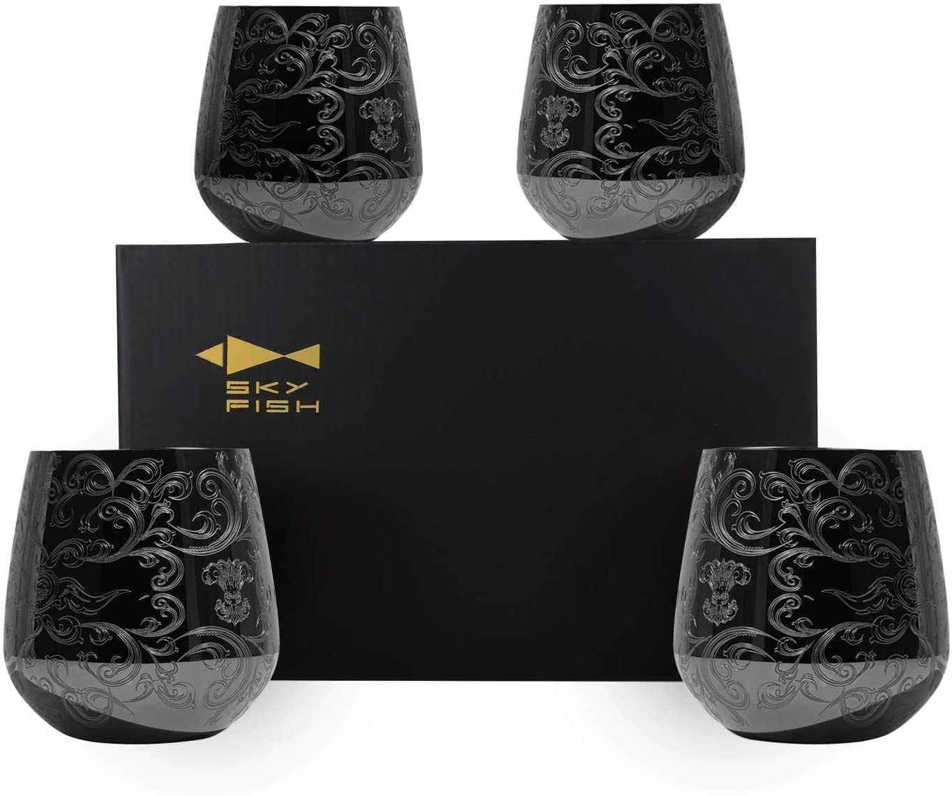 SKY FISH Stainless Steel Wine Glasses, Etching Stemless Cocktail Tumblers Set of 4, Black Gin Glass, Handwash.