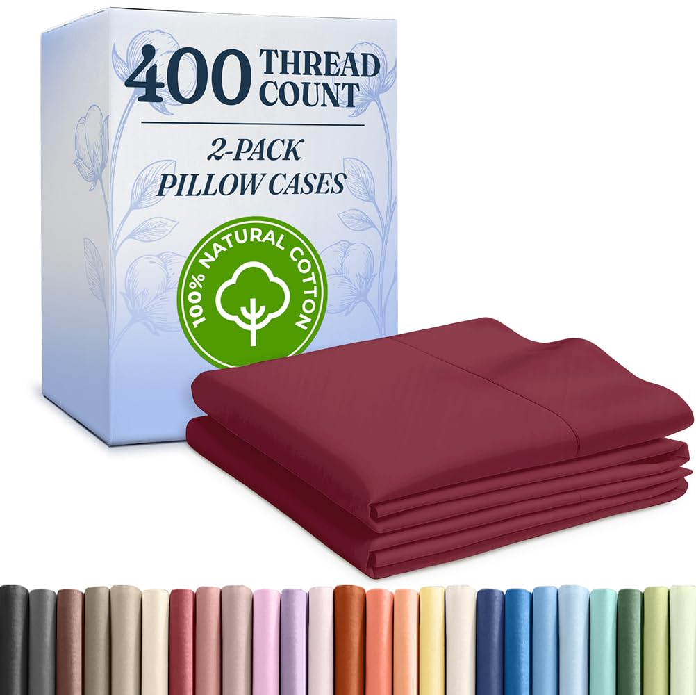 Photo 1 of 100% Cotton Pillow Cases Queen Size - Cooling, Breathable and Soft Pillowcase Covers Set of 2 - 400 Thread Count Cotton - Wrinkle Free - Machine Washable Protectors - Luxury Hotel Bedding - Burgundy