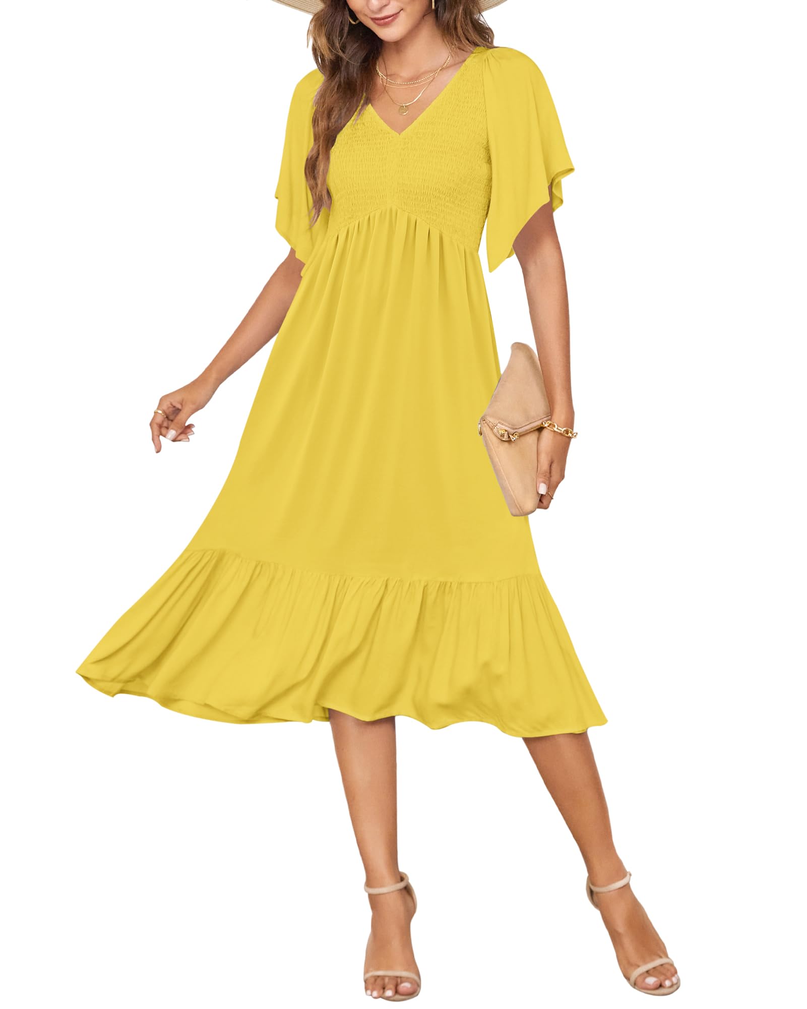 Photo 1 of AUSELILY Women's Summer Empire Waist Dress Smocked Flutter Short Sleeve V Neck Midi Dresses 2025 New Yellow L