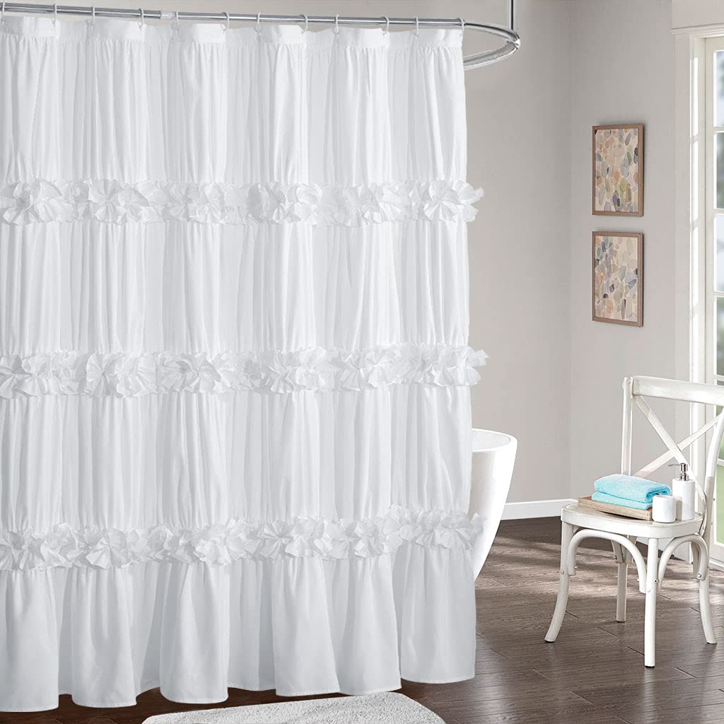Photo 1 of Homechoice Decor Victorian Ruffle Shower Curtain, Vintage Handcrafted Bow Tie Bath Curtain for Master Bathroom, Ruched Microfiber Bathroom Curtain with 12 Buttonholes, 72" W x 84" H, White (LQ-10)