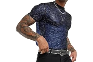 MANJIAMEI Men's Shiny Shirts, Short Sleeve Round Neck Sparkly Disco Rave Hot Tops, Mesh Sheer Sequins Party Clubwear
