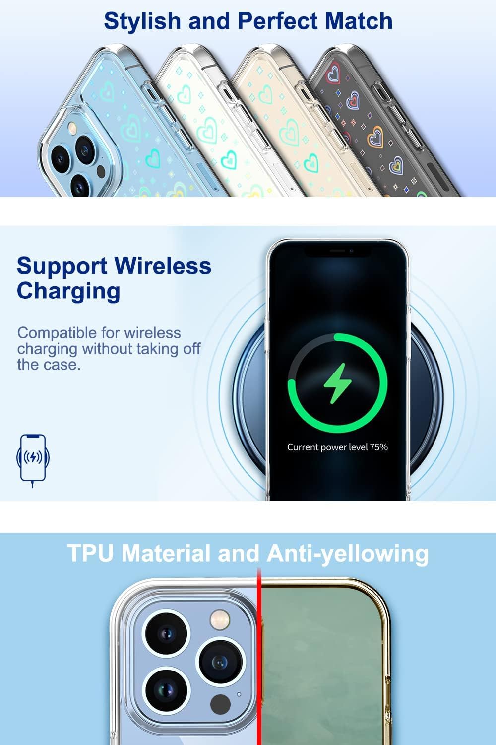 Jusy Compatible with iPhone 15 Pro Case, Holographic Love Heart Iridescent Clear Kawaii Phone Case, for Women Aesthetic Laser Bling Rainbow Cute iPhone Cover, Holo Reflective Case