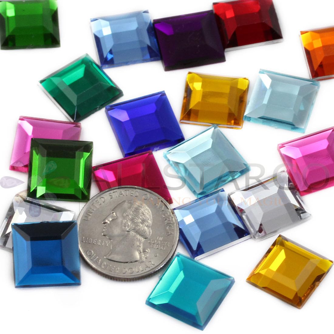 Flat Back Square Acrylic Rhinestones 15mm Plastic Gems Costume Jewels Embelishments for Jewelry Making - 120 Pieces (Assorted Colors)