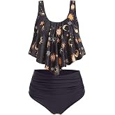 JMSUN Women Sun Stars Moon Flounce High Waisted Tankini Swimsuit