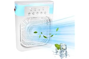 NOXOZOQM Portable Ice Fan Air Cooler With water For Frost Cube Fan, 3 In 1 Mist Mini Evaporative Cooling Fan with LED, Timer, 3 Wind Speeds 3 Spray Modes for Home Office Bedroom Table and Desktop