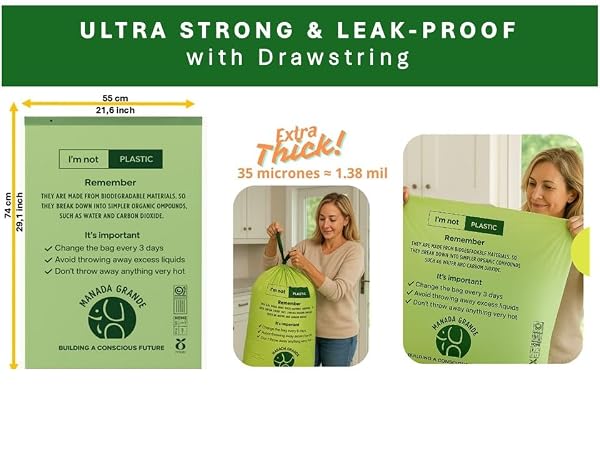 COMPOSTABLE TRASH BAGS 13 GALLON DRAWSTRING – 45 COUNT (30 KITCHEN + 15 SMALL) – EXTRA THICK 1.38 MIL – BPI & OK COMPOST CERTIFIED – PLANT-BASED KITCHEN GARBAGE BAGS – MANADA GRANDE