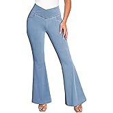 Pink Queen Bell Bottom Jeans for Women Crossover High Waisted Stretchy Denim Leggings Tummy Control Flare Pants with Pockets