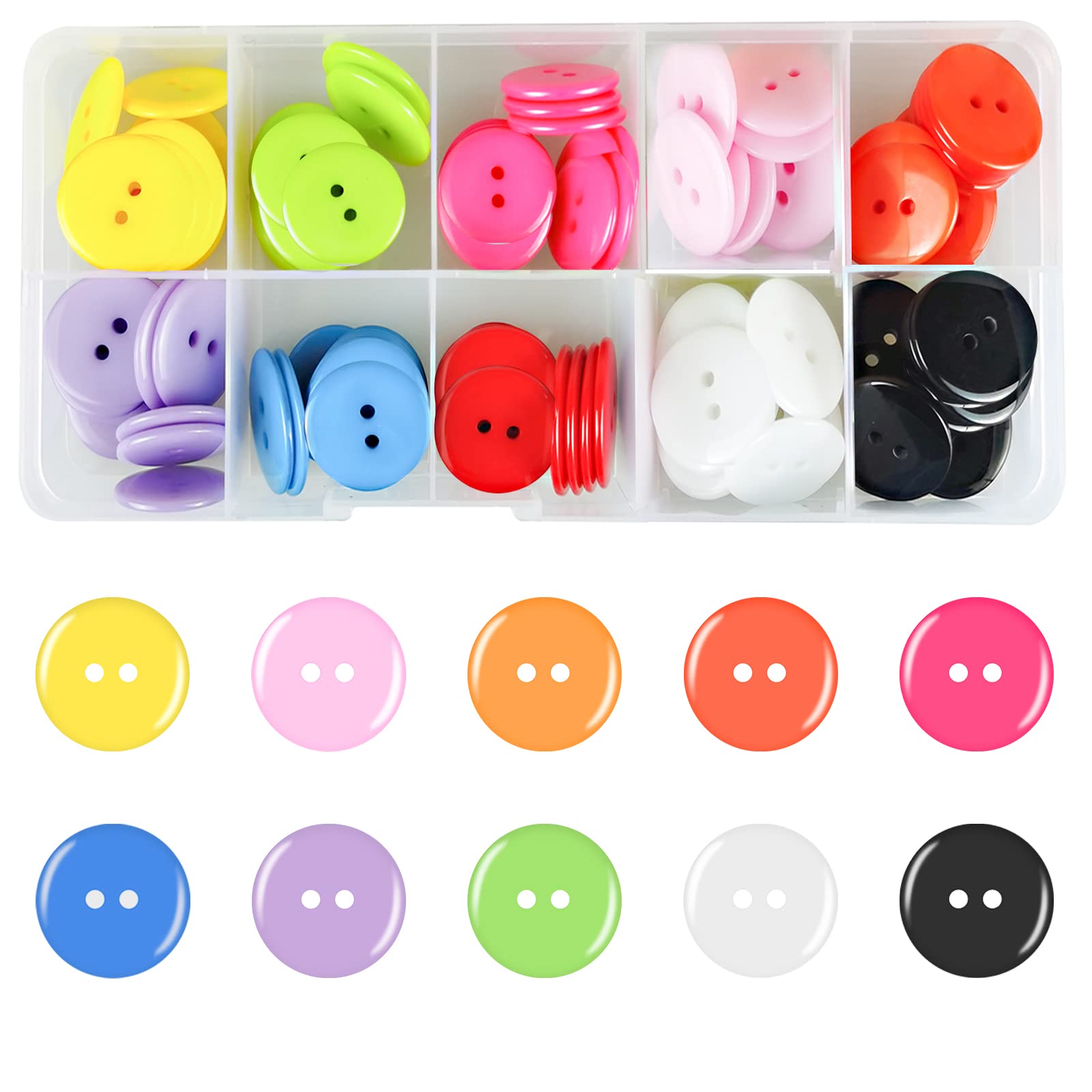 BOOHO 180pcs Colourful Buttons, 10 Colors 15MM Round Resin Button Large Sewing Buttons Craft Buttons with Plastic Storage Box Buttons for Crafting, Clothes Sewing (2 Hole)
