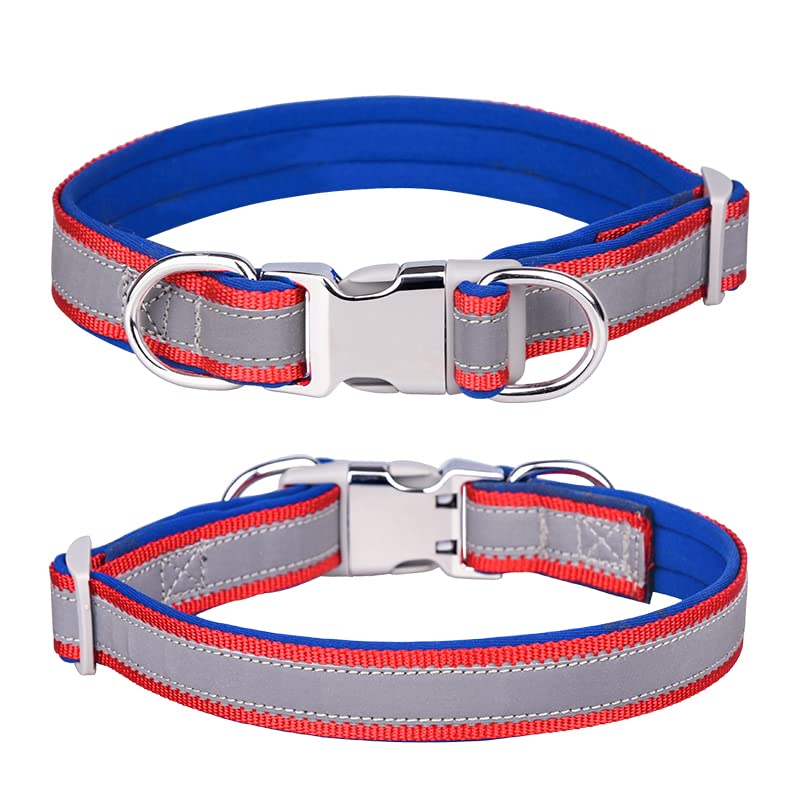 haoyueer Reflective Nylon Dog Collar with Safety Buckle, Adjustable Pet Collars with Soft Neoprene Padding for Small/Medium/Large Dogs (L fit neck 38-60cm, Dark Blue)