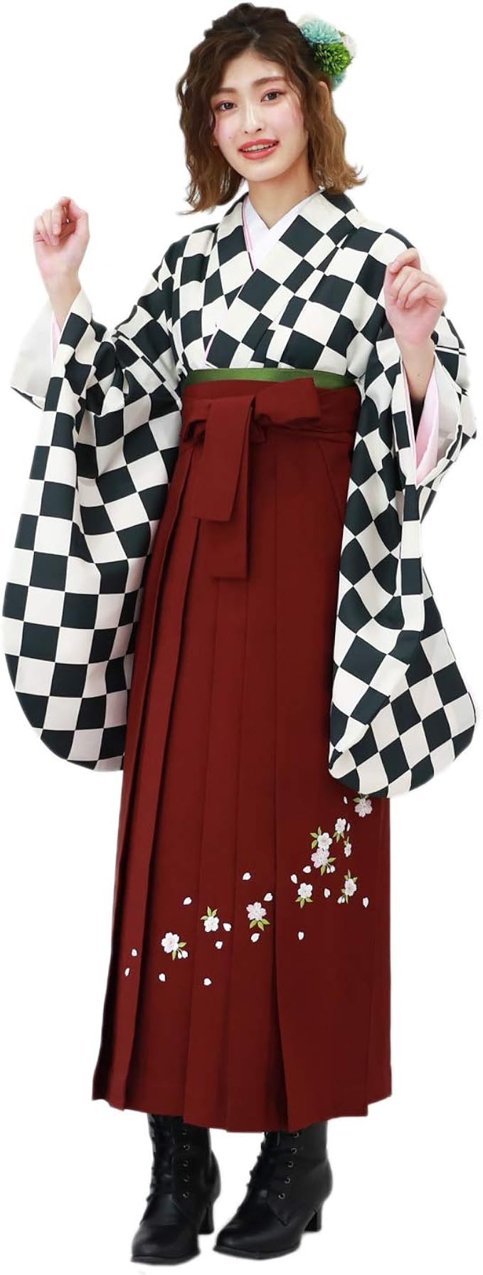 Amazon 卒業式 袴セット ブーツ付き16点フルセット 黒 クリーム色の市松模様 レディース 小学生 安い 女性 Zu 着物 通販