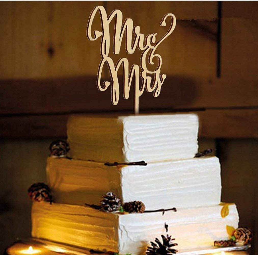 SONSMER Mr and Mrs Cake Toppers, Nature Wooden Wedding Cake Topper Party Homemade Cake Decoration Wedding Party (A)