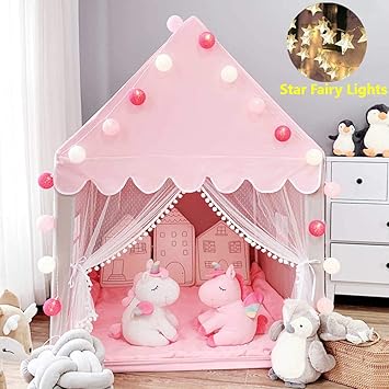 girls play tent with lights