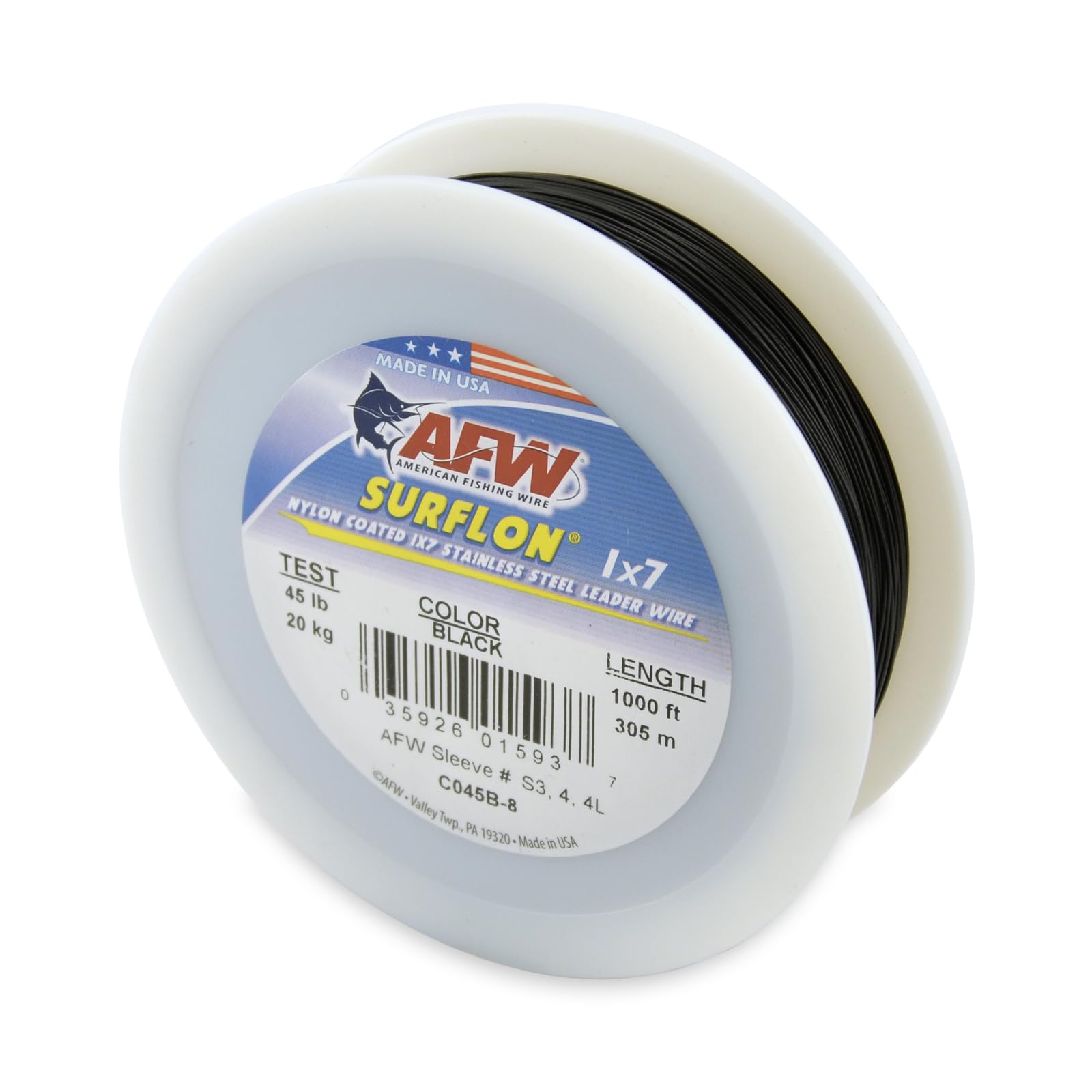 American Fishing Wire Surflon, Nylon Coated 1x7 Stainless Steel Leader Wire, 45 lb Test, .028" Diameter, Black, 1000 ft