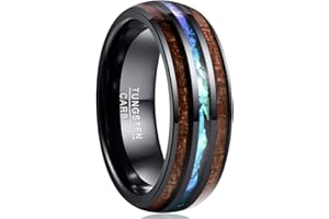 Vakki 6mm/8mm Tungsten Rings for Men Hawaiian Koa Wood Inlay Dome Abalone Shell/Blue Center Wedding Bands Comfort Fit Size 4 to 17