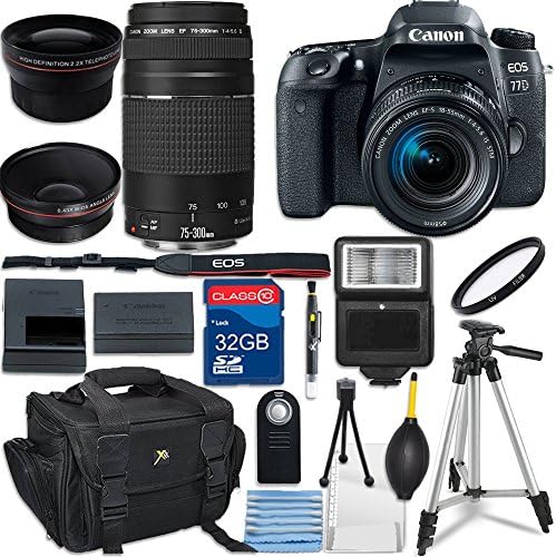Canon EOS Rebel 77D Digital SLR Camera with EF-S 18-55mm IS STM &amp; 75-300mm III Bundle includes Camera, 32GB Memory Card, UV Filter, Slave Flash, Bag, Cleaning Kit - International Version