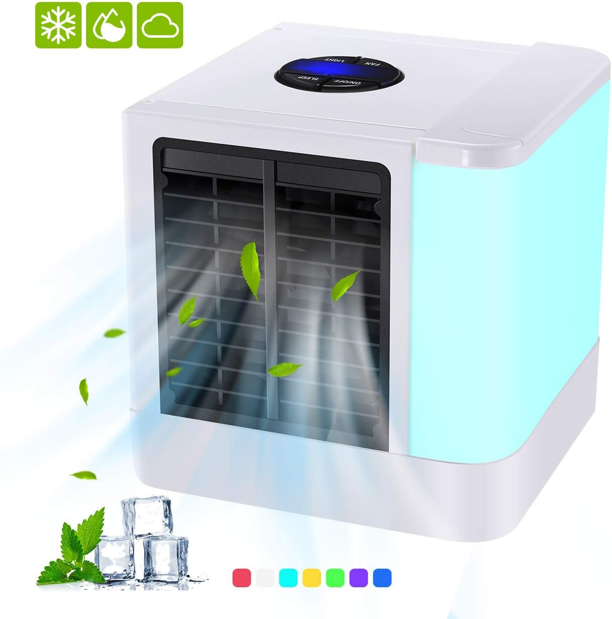 Portable Air Cooler, 3 in 1 Mini Personal Space Air Cooler, USB Powered Desktop Evaporative Air Cooler Humidifier and Purifier, 3 Speeds and 7 Colors LED Light for Office, Home and Outdoor Travel