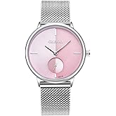 MASTOP Women's Silver Stainless Steel Woven Mesh Strap Wrist Watch Simple Design Analog Display Quartz Watch