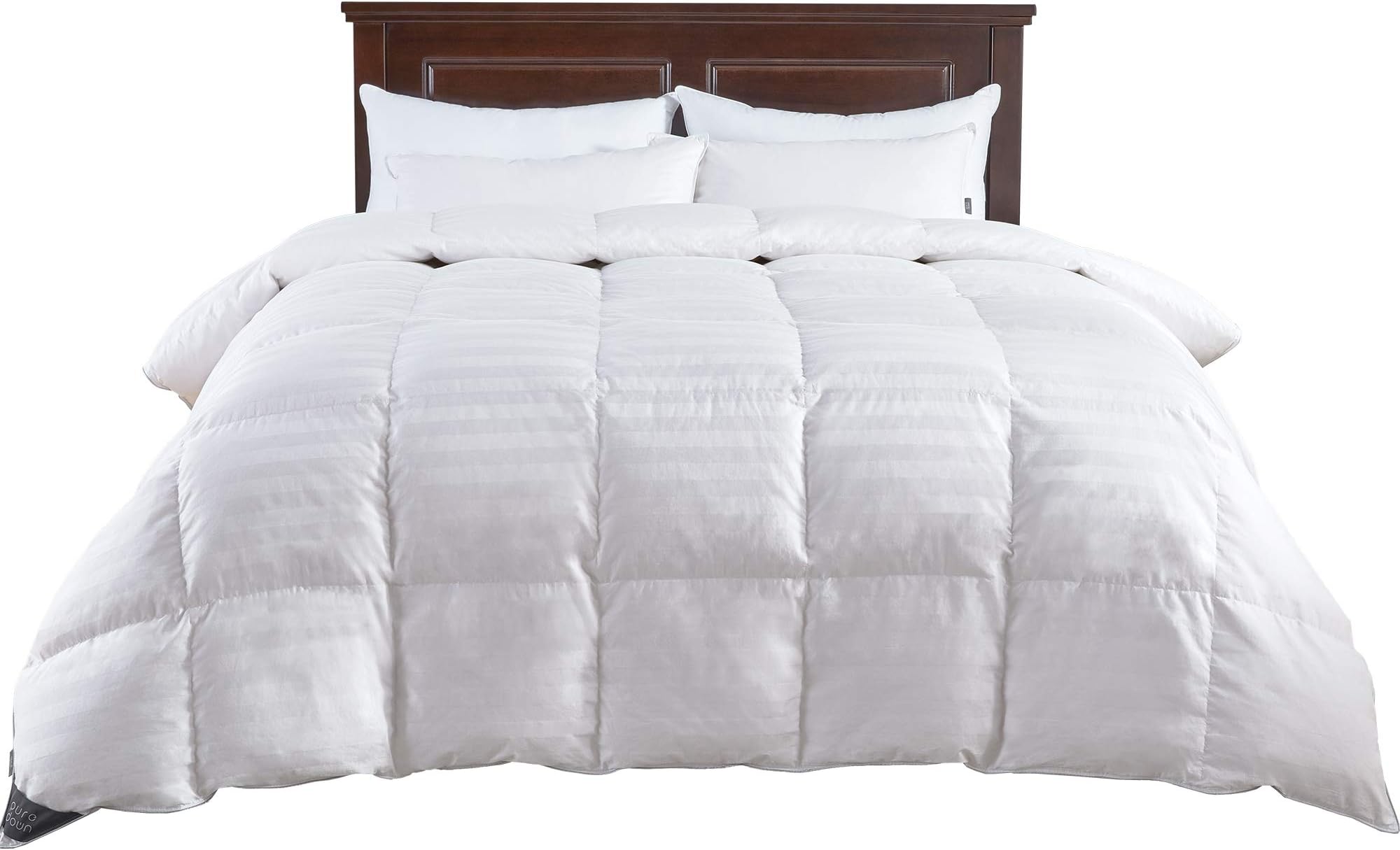 puredownLuxurious All Season Down Comforter Hotel Collection White Stripe 100% Cotton Shell 500 Thread Count Super Soft Medium Warmth Duvet Insert, Cal King