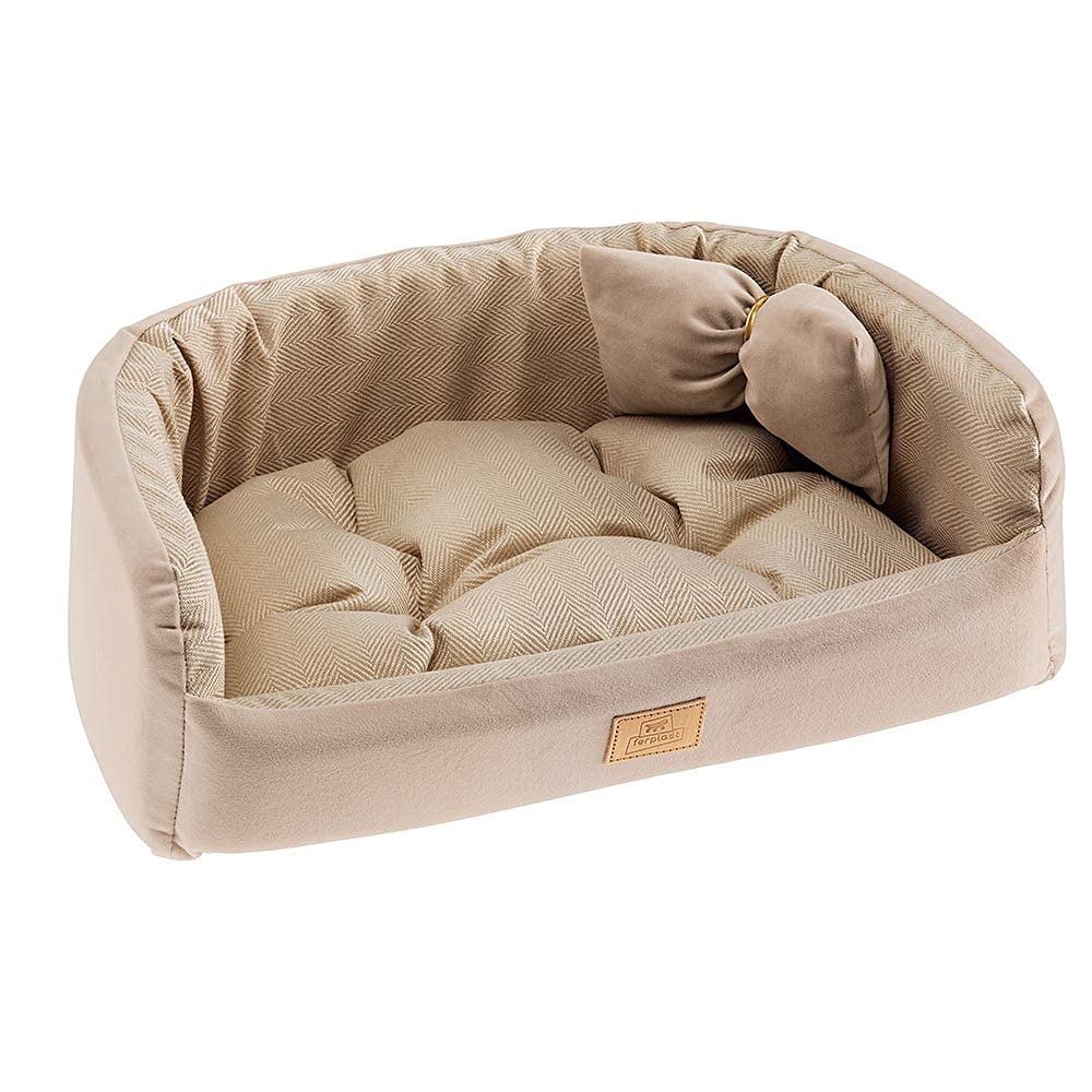 Ferplast Padded Bedding for Dogs and Cats HARRIS 50 Washable, with Cushion, Tweed and Velvet, Beige, 50 x 35 x 15 cm