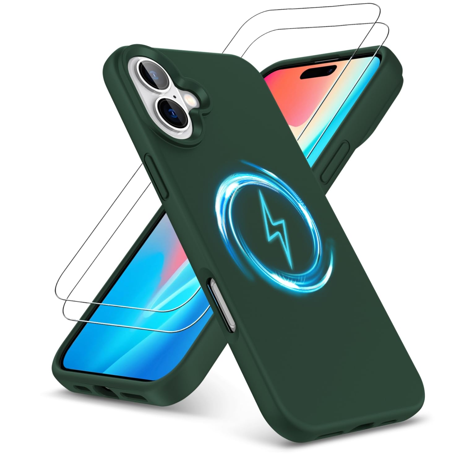 PIXFAB for iPhone 16 Plus Case with 2 x Screen Protector Tempered Glass, [Compatible with Magsafe] Liquid Silicone Shockproof Armour Protective [Soft Touch] Rubber Gel Phone Cover - Green