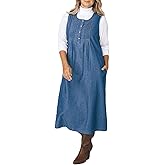 AmeriMark Women's Denim Pintuck Jumper Dress with Adjustable Ties, Button-Front Placket, Side Pockets, 100% Cotton