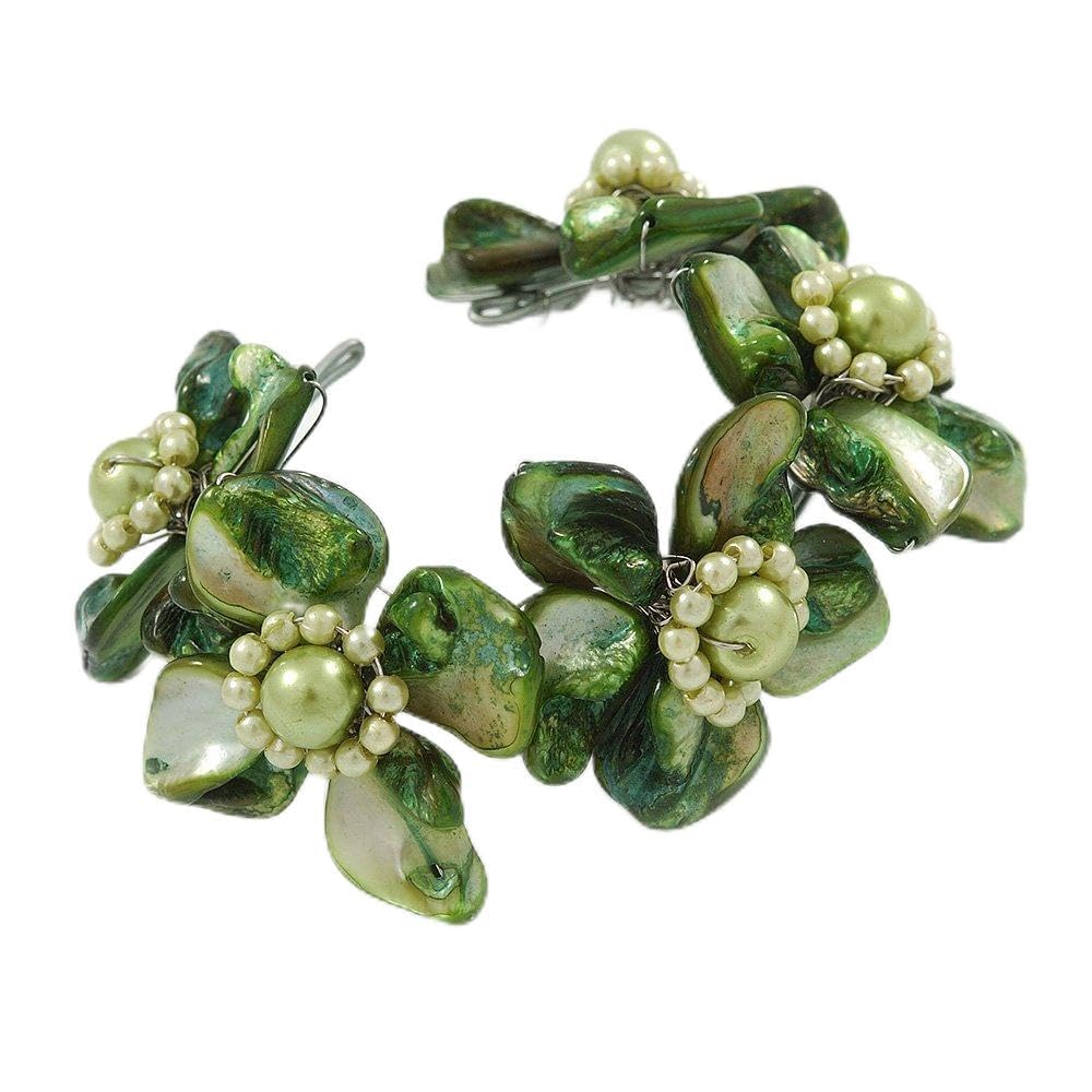 Avalaya Stunning Green Shell, Faux Pearl Bead Floral Flex Cuff Bracelet - 18cm L