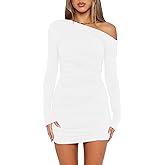 Mokoru Women's Sexy Elegant Off Shoulder Long Sleeve Ruched Bodycon Cocktail Party Mini Dresses