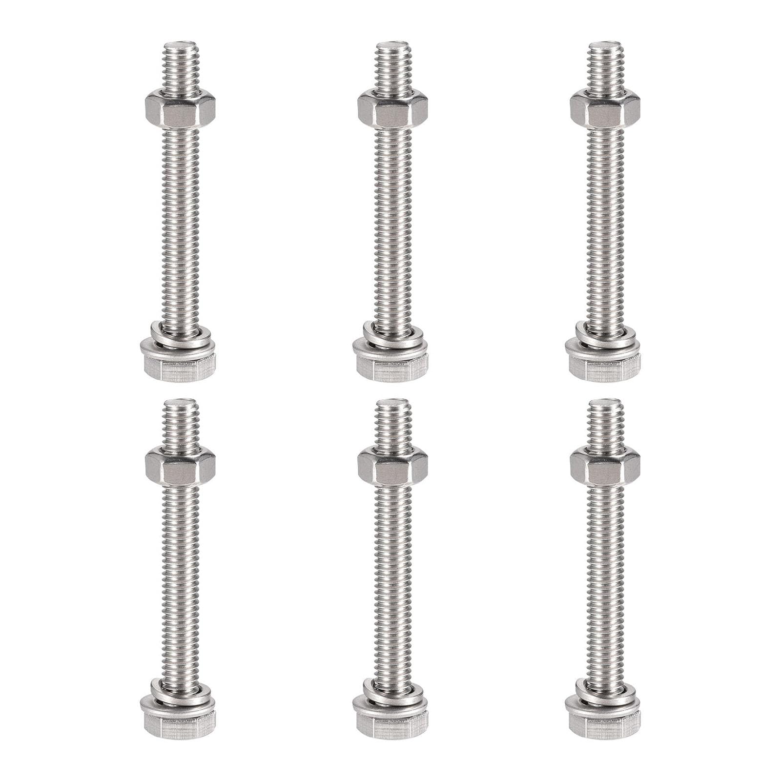 TOP-VIGOR 6Pcs M6 x 50mm Hex Head Screws Bolts, Nuts, Flat & Lock Washers Kits, 304 Stainless Steel Fully Thread Hexagon Bolts for DIY Bike Motorcycles Repair